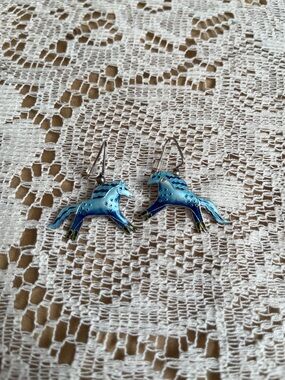 Vintage Enamel Horse Earrings, Blue & Green